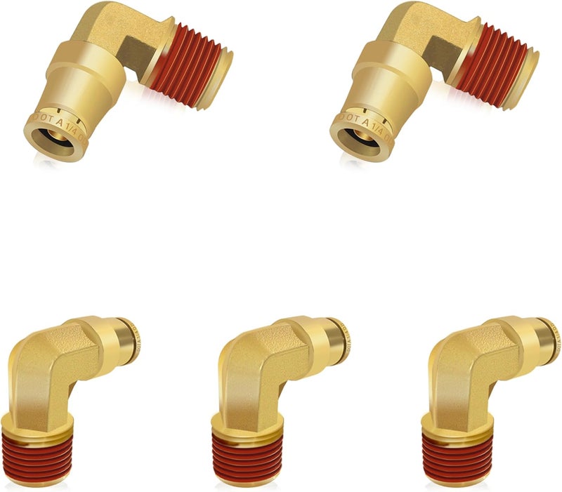 Siptenk 1/4" Elbow DOT Brass Push to Connect Air Line Fittings 5 PCS, 1/4" OD Tube x 1/4" NPT Thread Air Brake Line Quick Connect Fittings for Truck Trailers Industry Air System - Image 1